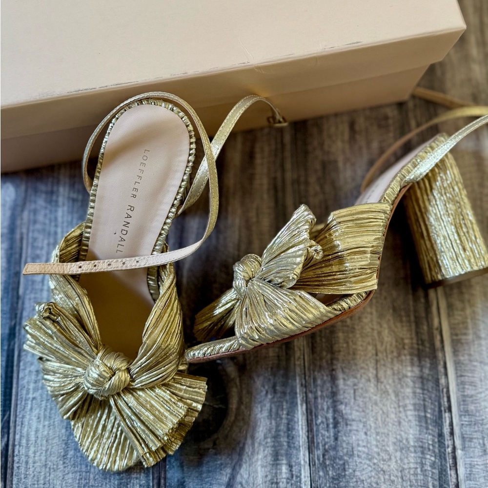 Loeffler Randall Metallic Gold Bow Heels Bridal Camellia 5.5